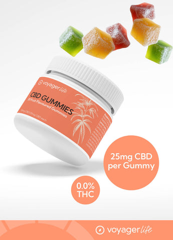 CBS Edibles showing a CBD Gummies jar with coloured fruit flavoured CBD Gummies on a white background