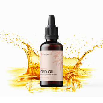 CBD Oil bottle on a white background with a yellow orange oil splash