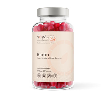 VoyagerLife Biotin Jar with Natural Red Strawberry Flavored Gummies and light label on white background