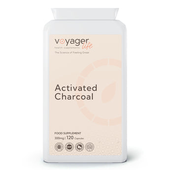 VoyagerLife Activated Charcoal 300mg food supplement white jar with a light label on a white background