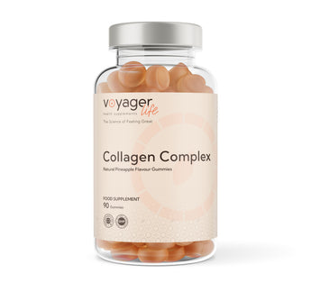 VoyagerLife Collagen Complex jar with Natural Pineapple Flavored Gummies and light label on white background
