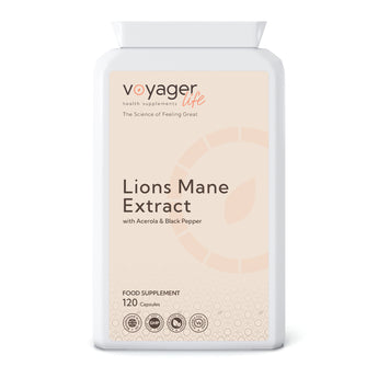 VoyagerLife Lions Mane Extract food supplement white jar with a light label on a white background
