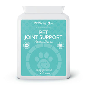 VoyagerPets Pet Joint Support 120 tablets white jar with a green label on a white background