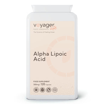 VoyagerLife Alpha Lipoic Acid 300mg food supplement white jar with a light label on a white background
