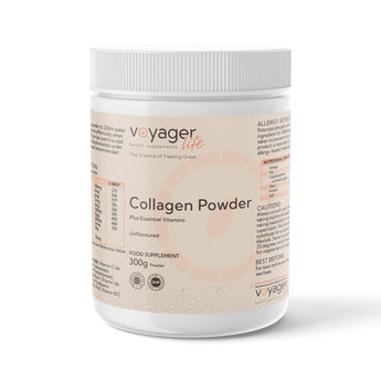 VoyagerLife Unflavoured Collagen Powder jar with light label on white background
