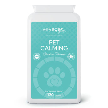 VoyagerPets Pet Calming Complex Food Supplement white jar with a green label on a white background