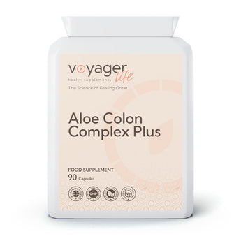 VoyagerLife Aloe Colon Complex Plus food supplement white jar with a light label on a white background