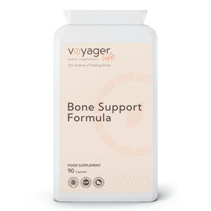 VoyagerLife Bone Support Formula food supplement white jar with a light label on a white background