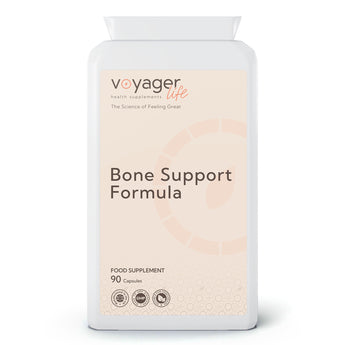 VoyagerLife Bone Support Formula food supplement white jar with a light label on a white background