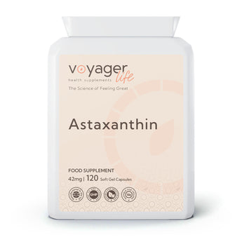 VoyagerLife Astaxanthin 42mg food supplement white jar with a light label on a white background