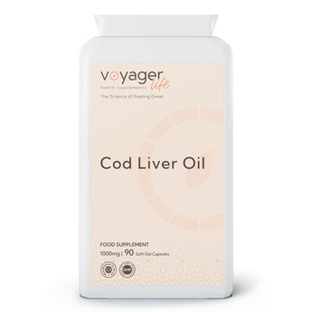 VoyagerLife Cod Liver Oil food supplement white jar with a light label on a white background
