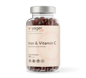 VoyagerLife Iron & Vitamin C jar with Natural Cherry Flavored Gummies and light label on white background