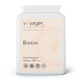 VoyagerLife Biotin 10000mg food supplement white jar with a light label on a white background
