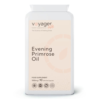 VoyagerLife Evening Primrose Oil food supplement white jar with a light label on a white background