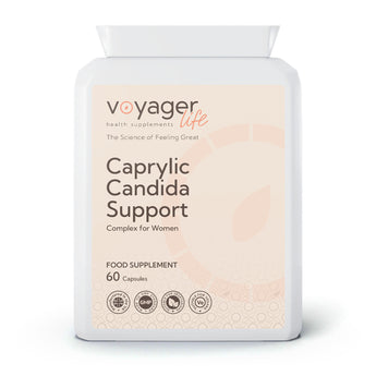VoyagerLife Caprelic Candida Support complex for women white jar with a light label on a white background