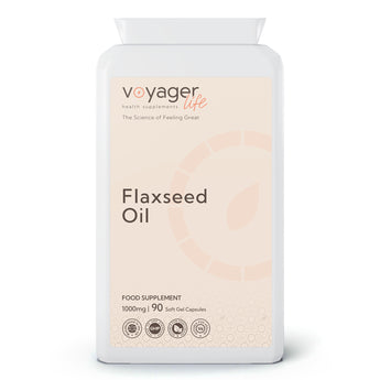 VoyagerLife Flaxseed Oil food supplement white jar with a light label on a white background