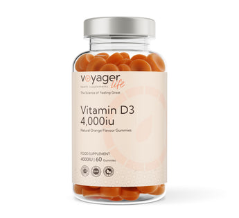 Vitamin D3 supplement bottle with orange gummies on a white background