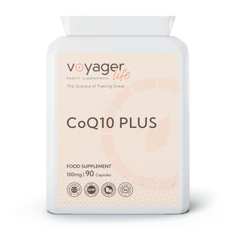 VoyagerLife CoQ10 Plus 100mg food supplement white jar with a light label on a white background