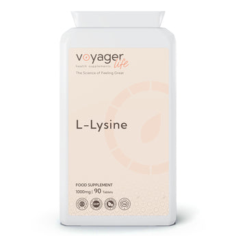 VoyagerLife L-Lysine food supplement white jar with a light label on a white background