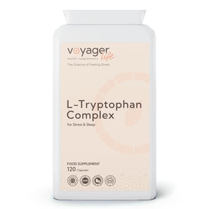 VoyagerLife L-Tryptophan Complex food supplement white jar with a light label on a white background
