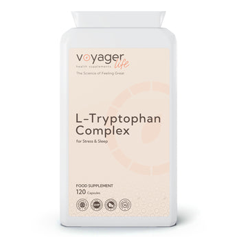 VoyagerLife L-Tryptophan Complex food supplement white jar with a light label on a white background