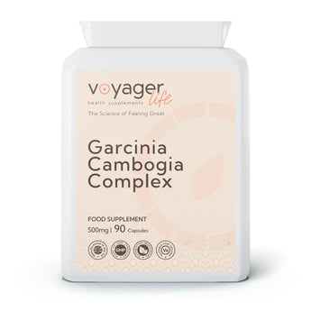 VoyagerLife Garcinia Cambogia Complex food supplement white jar with a light label on a white background