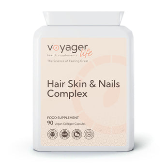 VoyagerLife Hair Skin & Nails Complex food supplement white jar with a light label on a white background