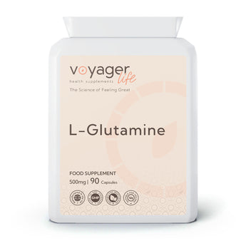 VoyagerLife L-Glutamine food supplement white jar with a light label on a white background