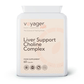 VoyagerLife Liver Support Choline Complex food supplement white jar with a light label on a white background