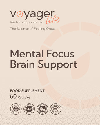 Voyager Mental Focus Brain Support supplement packaging on a beige background