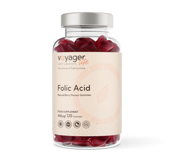 VoyagerLife Folic Acid jar with Natural Red Berry Flavored Gummies and light label on white background