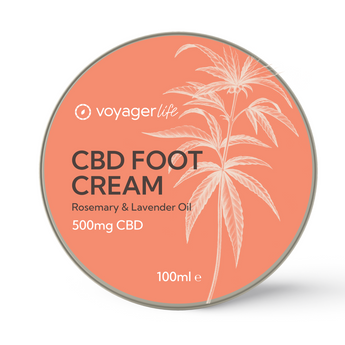 Voyager Life CBD Foot Cream container with rosemary and lavender oil on a white background