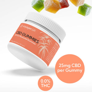 Voyager Life CBD Gummies container with gummies on a white background