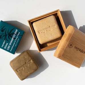 A bamboo shampoo bar box featuring the Voyager logo on the lid, displayed against a white background.