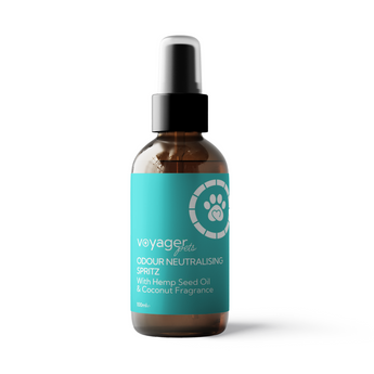 Voyager Pets Odour Neutralising Spritz with hemp seed oil and coconut fragrance, 100ml spray bottle on a white background