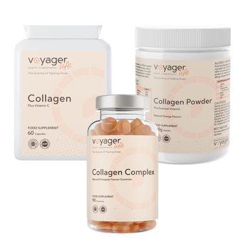 Voyager Life collagen products including capsules, powder, and complex on a white background