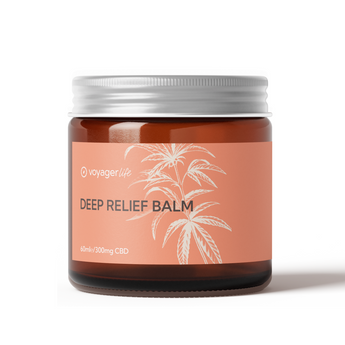 Jar of Voyager Life Deep Relief Balm with a white lid on a light background