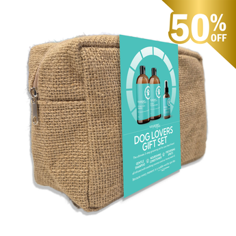Jute gift bag with 'Dog Lovers Gift Set' label and 50% off badge on a white background