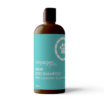 Voyager Pets Hemp Dog Shampoo bottle with lavender and oatmeal, 250ml on a white background
