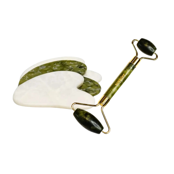 Gua Sha tool with jade roller on a white background