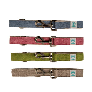 Four soft hemp cotton dog collars in different colors with a visible brand logo on a white background