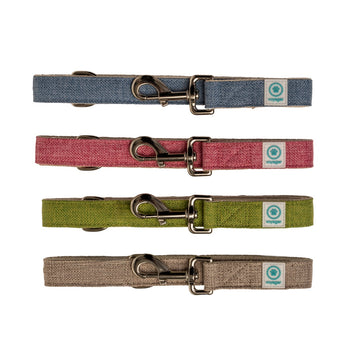 Four soft hemp cotton dog collars in different colors with a visible brand logo on a white background