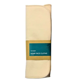 Three hemp reusable face cloths neatly positioned together, secured with a brown kraft paper fastening, set against a white background.