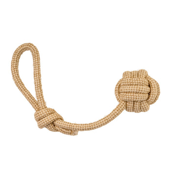 Beige rope toy with a knot on a white background