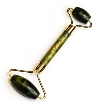 A jade roller in a vibrant green color, featuring two roller parts—one larger and one smaller—attached to each end with gold wiring. The handle prominently displays the Voyager logo, all set against a white background