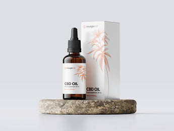 Voyager 3000mg CBD Natural 30ml Oil with a light label and box on a white background