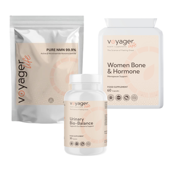 Voyager Life supplement products including a powder, capsules, and bottle on a white background