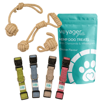 Dog items such as Dog Treats Hemp Dog Collars and Hemp Dog toys on a white background