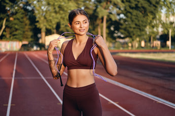 Sports lady on a running track demonstrating the benefits of wellness and health