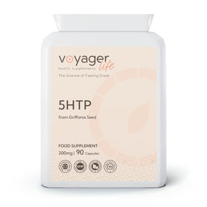 VoyagerLife 5HTP food supplement 200mg white jar with a light label on a white background 